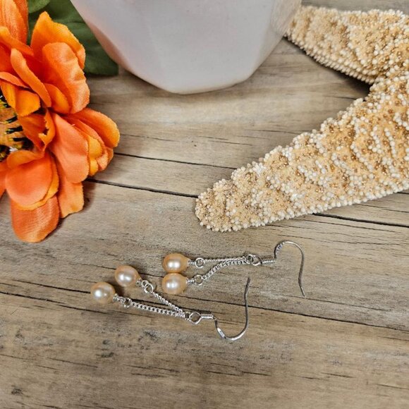 Sterling Silver 7-8mm Peach Freshwater Pearl Dangle Earrings - Picture 3 of 3